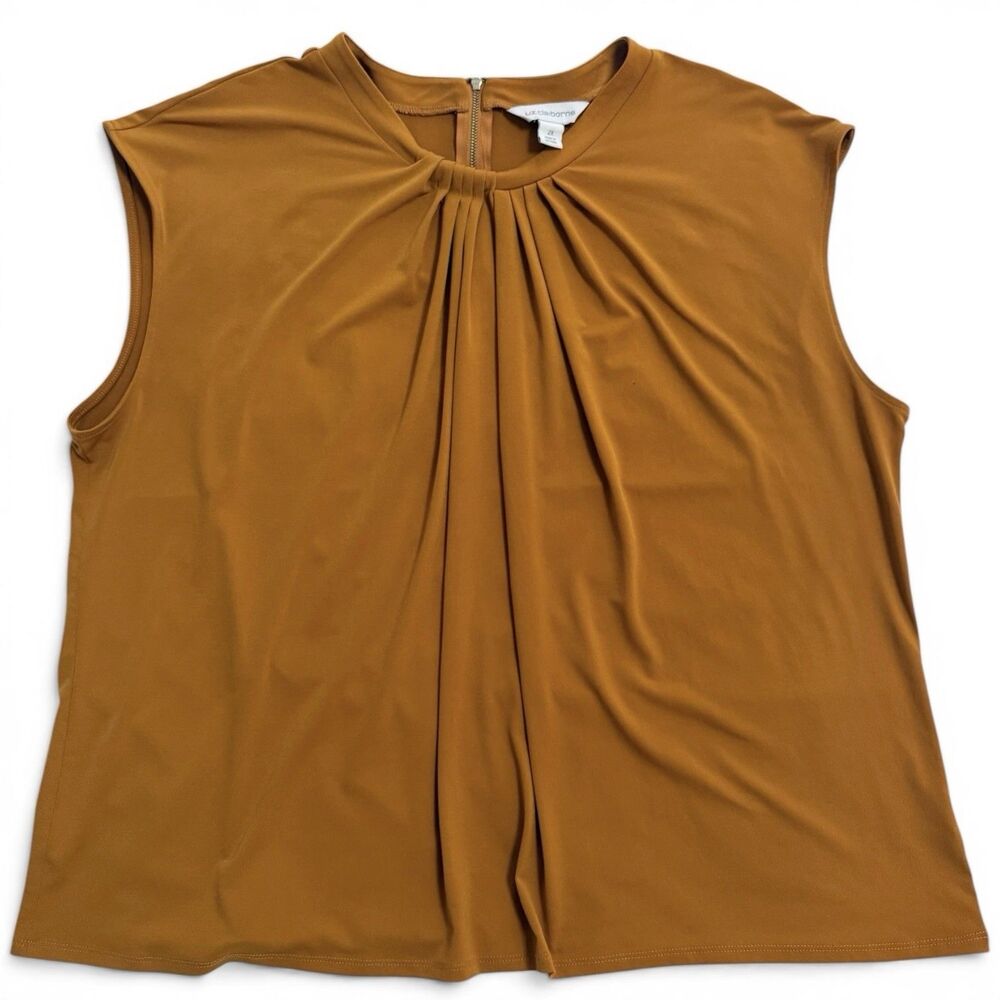 Liz Claiborne Size 2X Mustard Pleated Neck Sleeveless Blouse Zipper Career Top